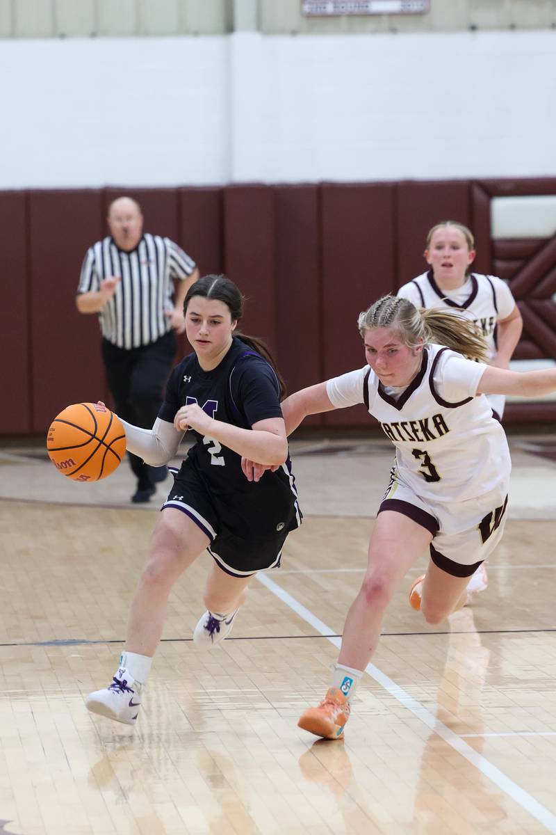 Manteno's Lila Prindeville drives against Watseka/Milford's Rennah Barrett during Manteno's 57-52 victory on Wednesday, Jan. 21, 2026.