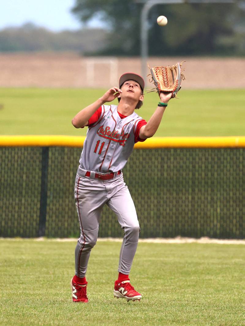 LaSalle-Peru's Nick Salazar makes a catch in the outfield Tuesday, May 12, 2026, during their game at Kaneland High School in Maple Park.