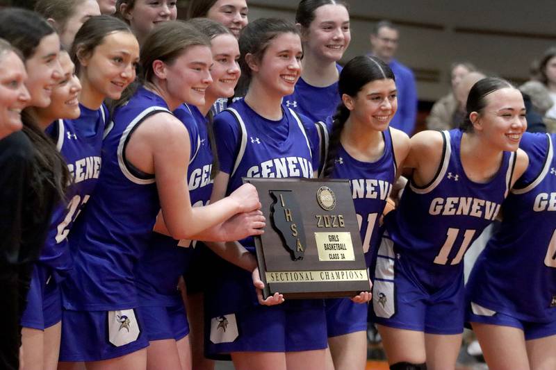 Geneva’s Vikings celebrate a win against Crystal Lake South in girls IHSA Class 3A Sectional Championship basketball on Thursday, Feb. 26, 2026, at Crystal Lake Central High School in Crystal Lake.