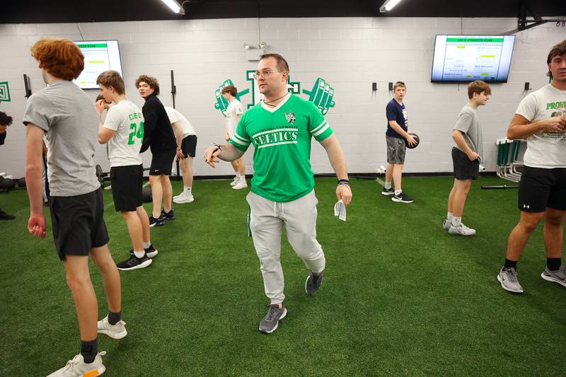 Tyler Plantz runs conditioning drills with the Providence football team on Feb. 8, 2022 in New Lenox. Plantz takes over as the new head coach in 2022 after coaching six years at the University of Notre Dame.