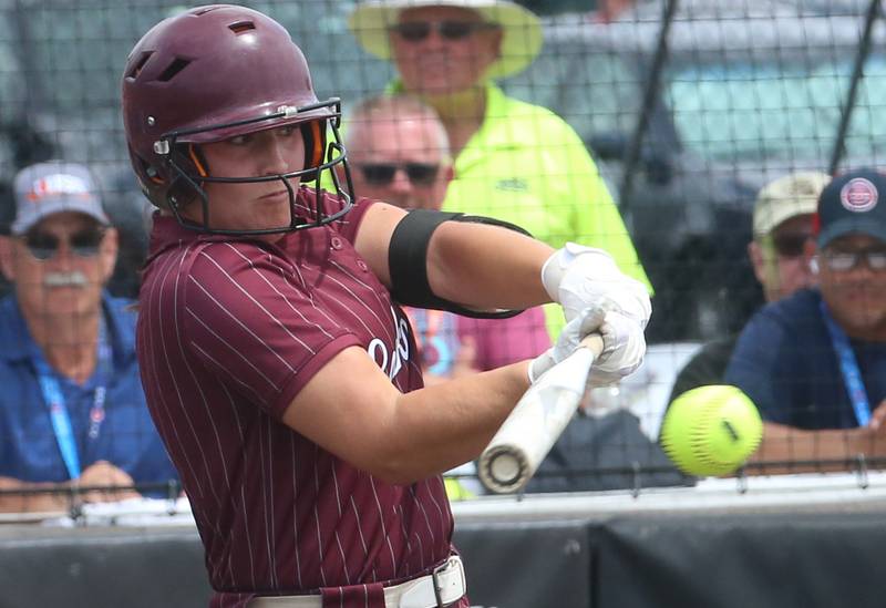 Lockport's Sophia Hutera smacks a hit against Oak Park River Forest during the Class 4A third-place game on Saturday, June 14, 2025 at the Louisville Slugger Sports Complex in Peoria.