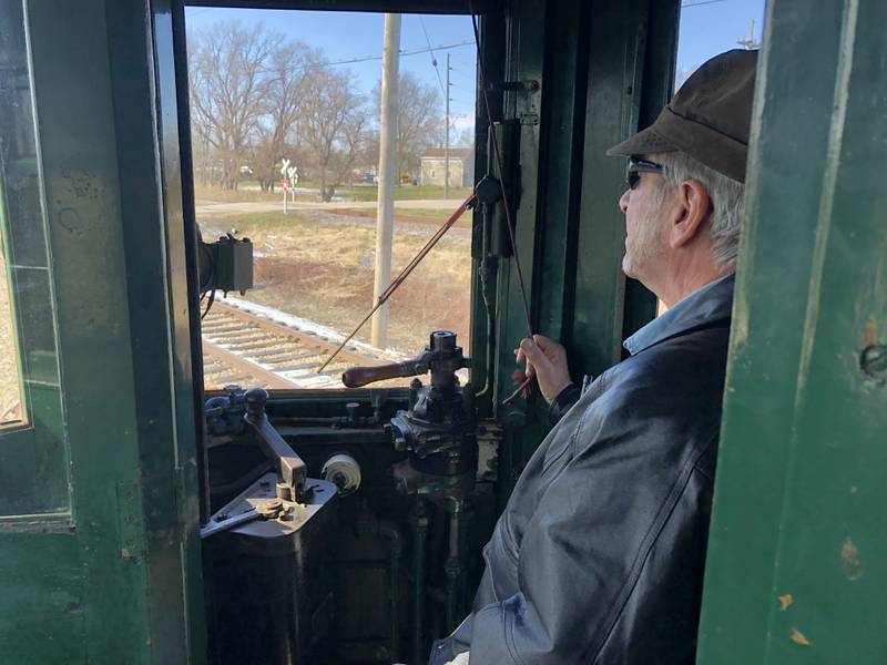 Gregg Wolfersheim toots a train horn Saturday, March 23, 2024 at the Illinois Railway Museum in Union.