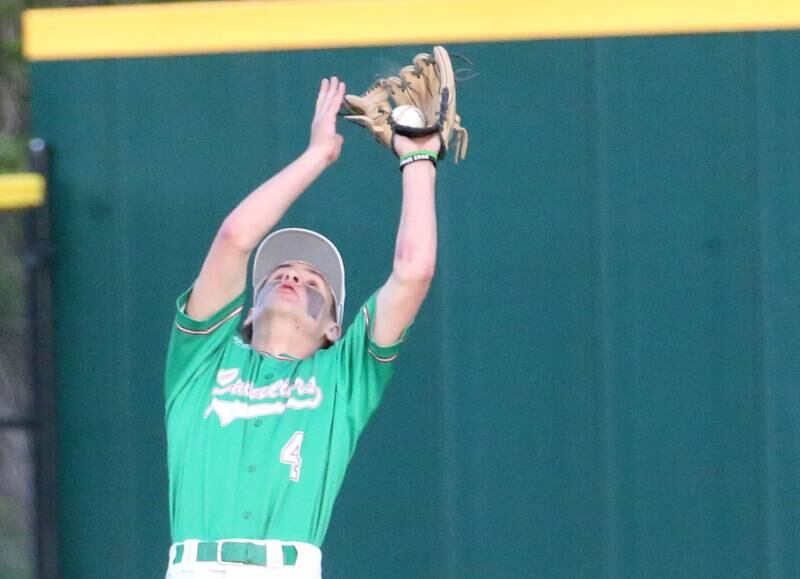 L-P's Jack Jereb makes a catch over his head against Ottawa at Huby Sarver Field inside the L-P Athletic Complex on Tuesday, April 23, 2024 in La Salle.