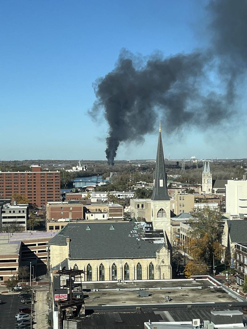 Smoke from a fire at BL Duke Scrap Metal Recycling Yard in Joliet could be seen from as far away as the Will County Courthouse in downtown Joliet on Friday afternoon Nov. 1, 2024.