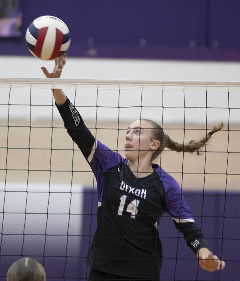 Dixon’s Leah Carlson plays the ball against Rock Falls Thursday, Sept. 18, 2025.
