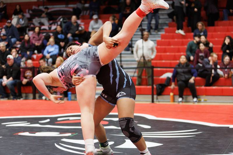 Plainfield South's Layla Spann and Lincoln Way South's Riley Depolo compete in the championship 170 lb class at the East Aurora Wrestling Regional on Saturday, Feb.7,2026 in Aurora.