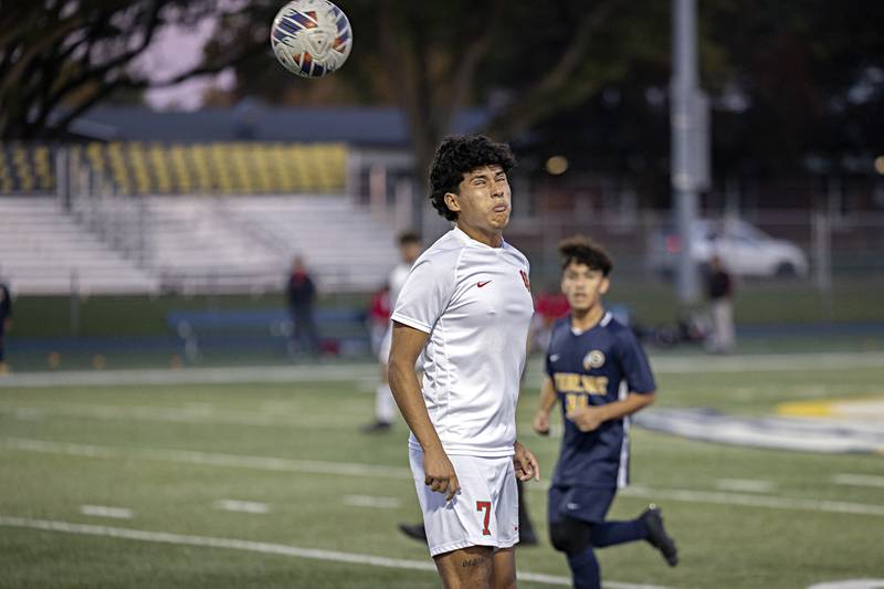 Lasalle-Peru’s Brayan Gonzalez heads the ball against Sterling Tuesday, Oct. 17, 2023 in a regional semifinal in Sterling.