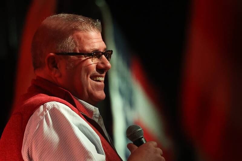 Darren Bailey, Republican candidate for Illinois Governor, speaks at the GOP rally at 115 Bourbon Street in Merrionette Park on Monday.