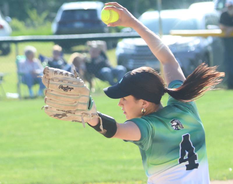 Dwight's Madi Ely lets go of a throw to St. Bede on Friday, May 15, 2026 at St. Bede Academy.