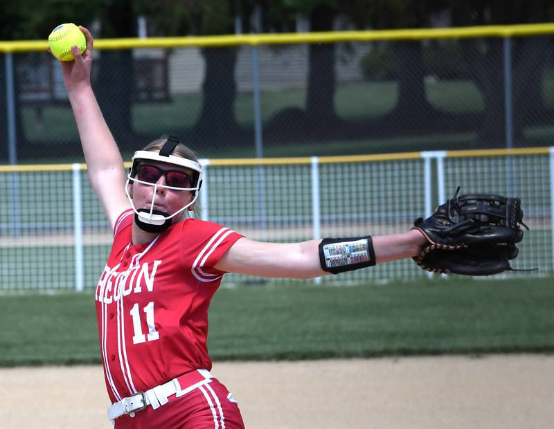 Oregon's Izzy Berg pitches against Rock Falls at the 2A Oregon Regional on Saturday, May 23, 2026 at Oregon Park West.
