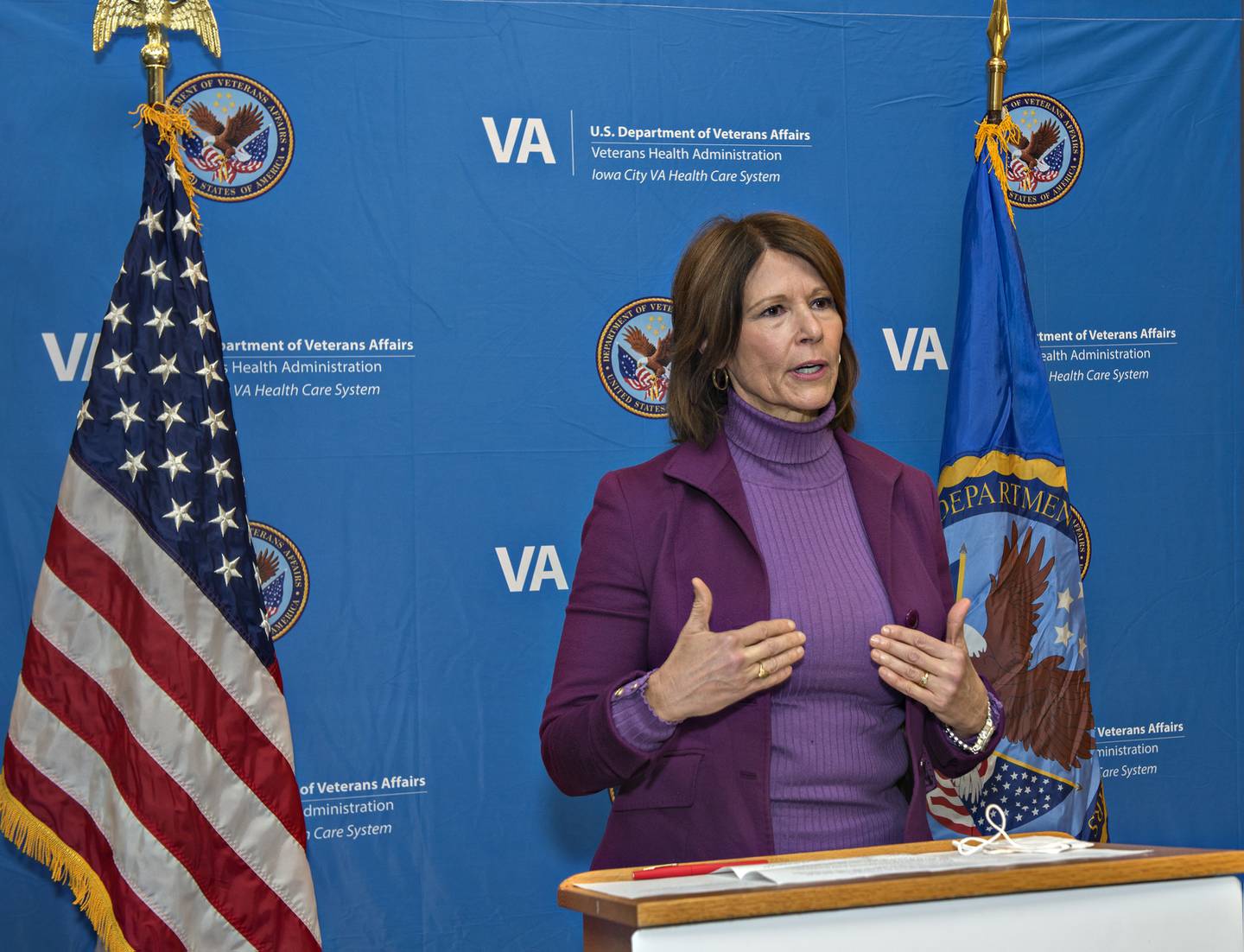 U.S. Rep. Cheri Bustos talks on Jan. 6, 2022, about the importance of the U.S. Veterans Affairs outpatient clinic in Sterling.