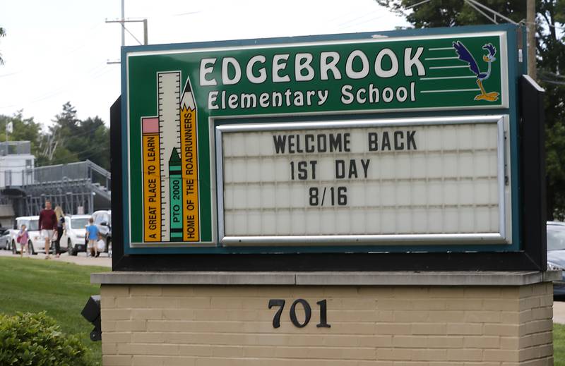 The Edgebrook Elementary School sign welcomes students back to school on Tuesday, Aug. 15, 2023, as students were able to meet their teachers and drop off school supplies.
