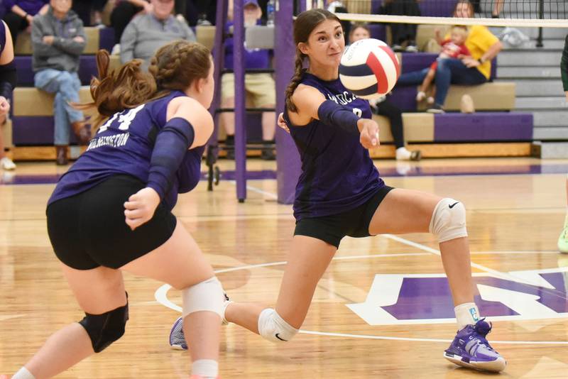 Wilmington's Makenzie Rodriguez, right, digs the ball in front of teammate Addison Billingsley during a home game against Coal City Thursday, Sept. 25, 2025.