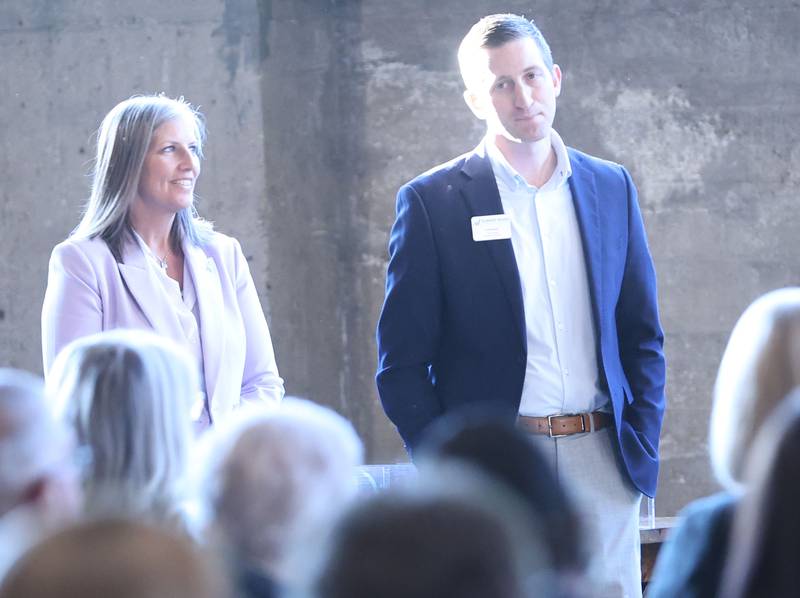 Illinois Valley Chamber of Commerce Board of Directors vice president Lissa Olson and Neal Knauf President prepare to hand out awards during the Illinois Valley Chamber of Champions of Change Awards Night on Wednesday, May 6, 2026 at the Westclox Event Center in Peru.