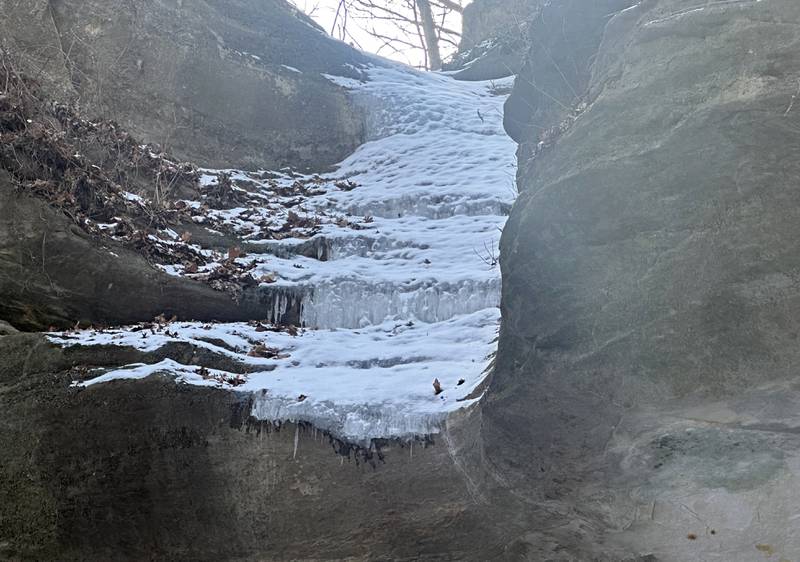 A close-up view of a dried-up waterfall inside Ottawa Canyon on Wednesday, Feb. 4, 2026 at Starved Rock State Park. Despite colder-than-average temperatures this winter, a lack of precipitation rendered the ice climbing season virtually nonexistent.
