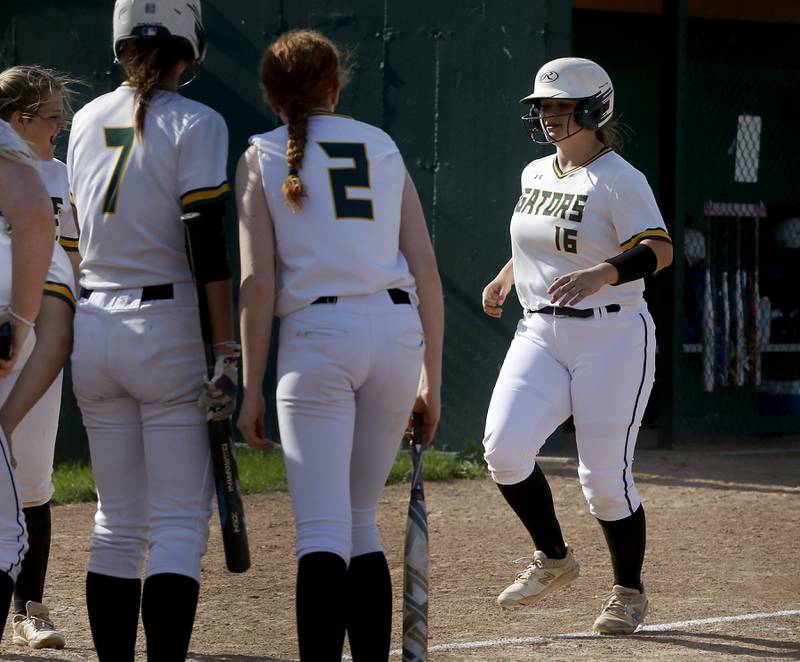 Crystal Lake South's Dana Skorich jogs to home plate after hitting a home run during a Fox Valley Conference softball game Monday, May 16, 2022, between Crystal Lake South and Burlington Central at Crystal Lake South High School.