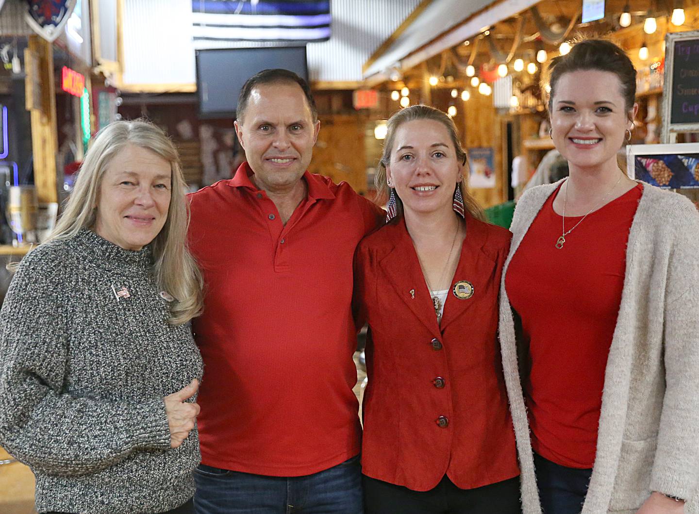 (From left) Sandy Hoos elected Bureau County Board member for the 3rd District, Ray Gatza elected La Salle County Board member in District 9, Jennifer Ebner elected La Salle County Clerk, and Beth Findley Smith elected La Salle County Board member in District 4 pose for a photo at Jamie's Outpost on Tuesday, Nov. 8, 2022 in Utica.