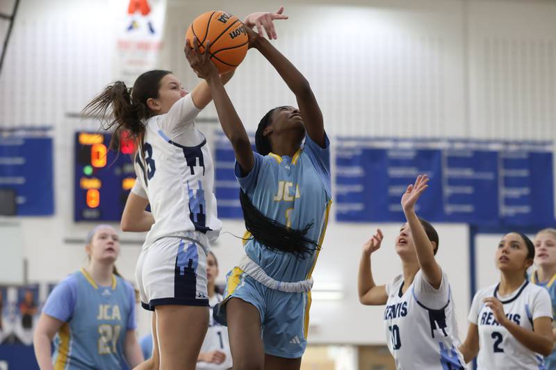Joliet Catholic’s Makenzie Keltz draws the shooting foul against Reavis in the Peotone Blue Devils Holiday Classic championship game on Monday, Dec. 29, 2025 in Peotone.