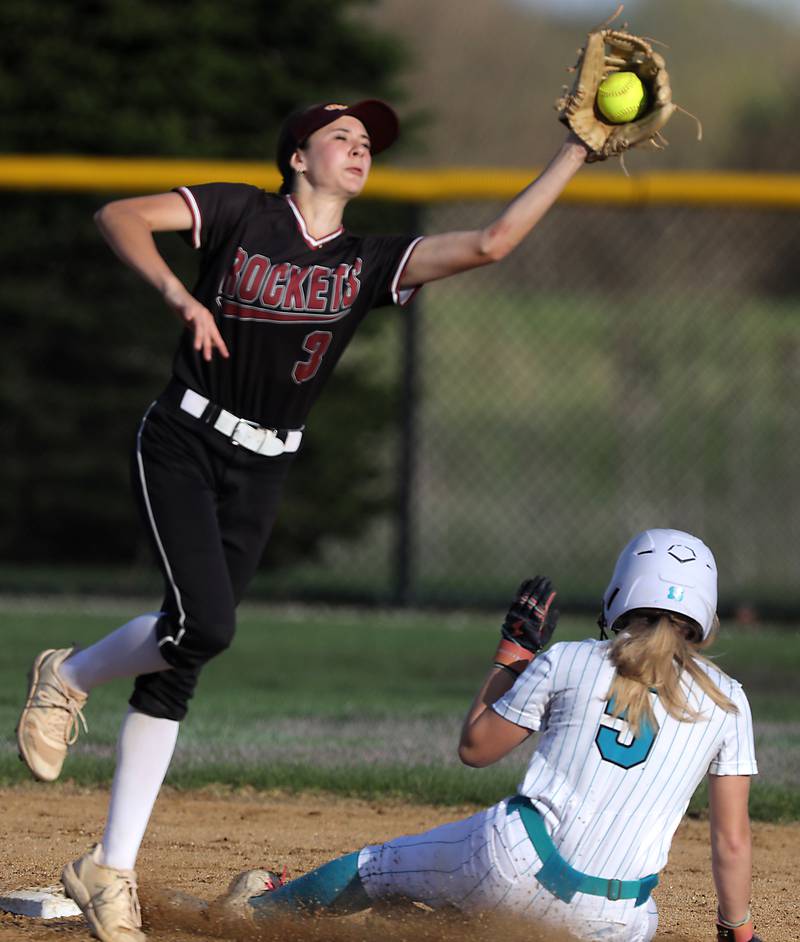 Woodstock North's Madalynn Nordahl slides into second base as Richmond-Burton's Jocelyn Hird fields the throw during a Kishwaukee River Conference softball game on Thursday, April 16, 2026, at Woodstock North High School.