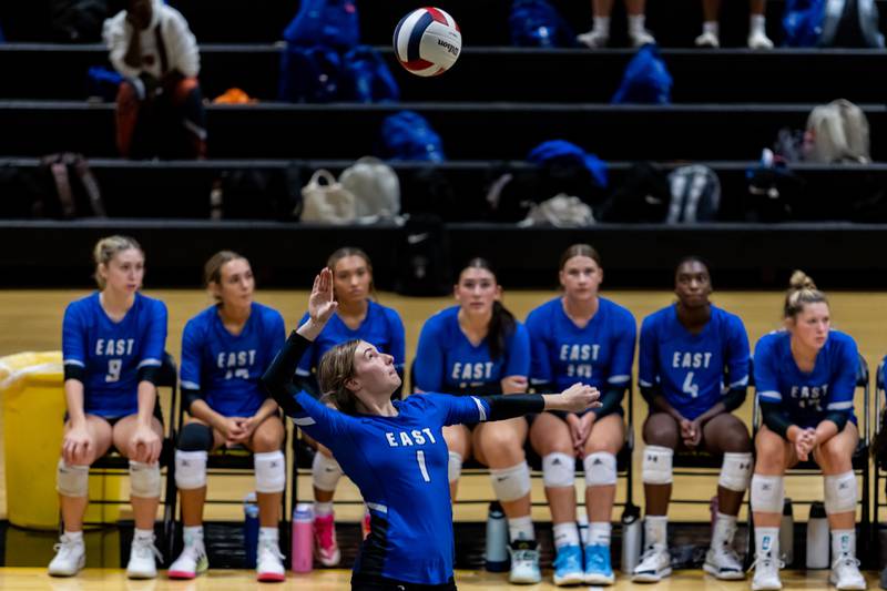 Lincoln-Way East's Charlotte Buck makes an approach against Joliet West during a Varsity Volleyball match at Joliet West on Aug. 26, 2025.