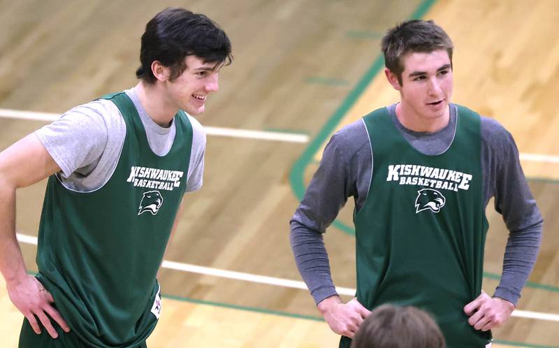 Former Indian Creek High School basketball players Brennen McNally, (left) and Cam Russell, now attending Kishwaukee College, talk during a break in practice Wednesday, Jan. 11, 2023, at the school.