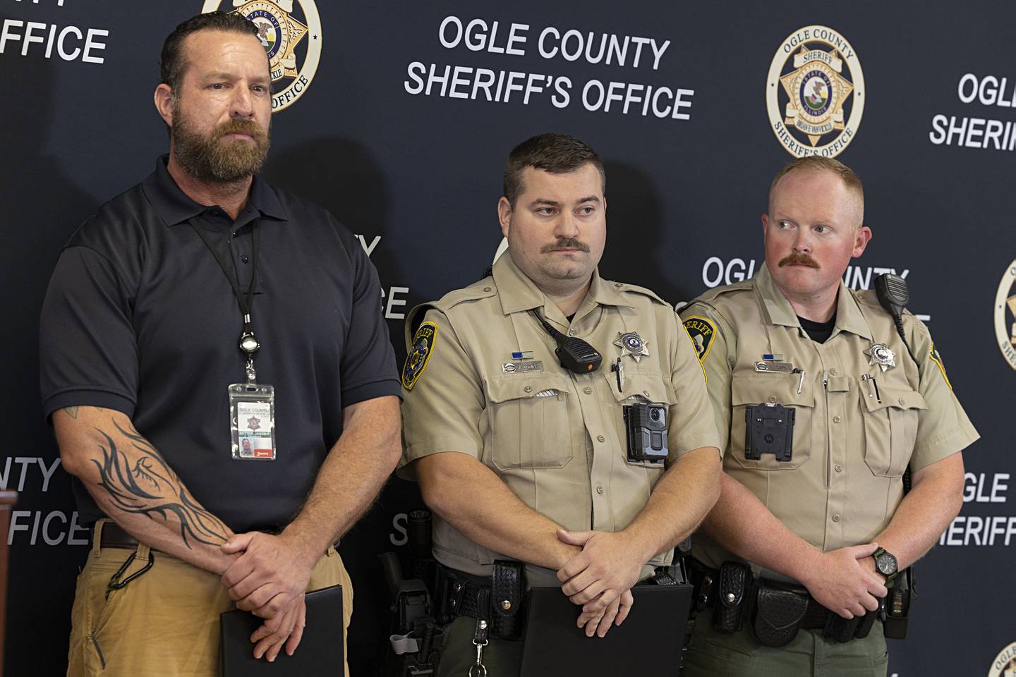 Lt. Jason Ketter (left), Sgt. Tad Dominski and Tyler Carls were recognized Tuesday, Aug. 20, 2024, for being injured in the line of duty during a shootout June 12 in Lost Lake.