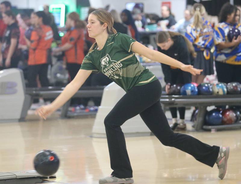 St. Bede's Chipper Rossi bowls during the IHSA girls bowling Regional meet on Friday, Feb. 6, 2026 at the Illinois Valley Super Bowl in Peru.