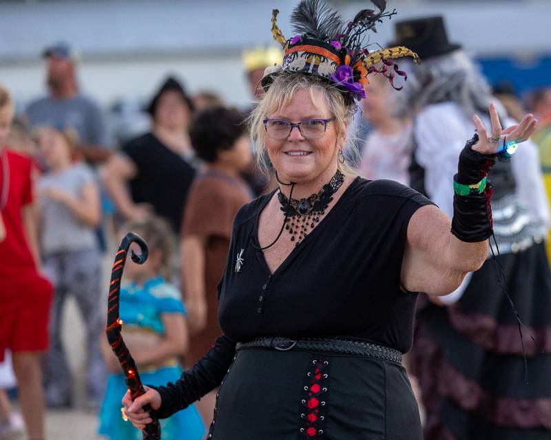 'Hocus Pocus Hags' perform dance routine in front of crowd at the Monster Mash Balloon Bash on Saturday, Oct. 4, 2025 at the Bureau County Fairgrounds in Princeton.