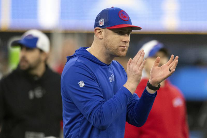 FILE - Buffalo Bills interim offensive coordinator Joe Brady looks on before an NFL football game against the Los Angeles Chargers, Dec. 23, 2023, in Inglewood, Calif. (AP Photo/Kyusung Gong, File)