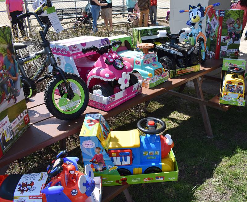 Prizes sit on display Saturday, April 12th, 2025, at Coloma Park District’s Easter egg hunt. Different age groups were given different prizes.
