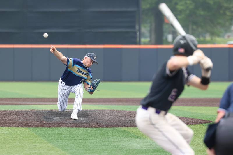 Ottawa Marquette’s Anthony Couch throws a pitch during the Crusaders' 16-1 victory over Lexington in the IHSA Class 1A State semifinal on Friday, June 6, 2025.
