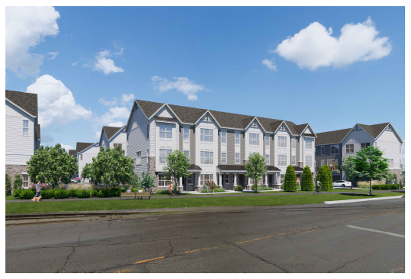 A rendering of the townhome-style buildings proposed for the residential development at 95 E. Crystal Lake Ave. in Crystal Lake. The project would include 51 townhomes over nine buildings plus 48 apartments in 10th.