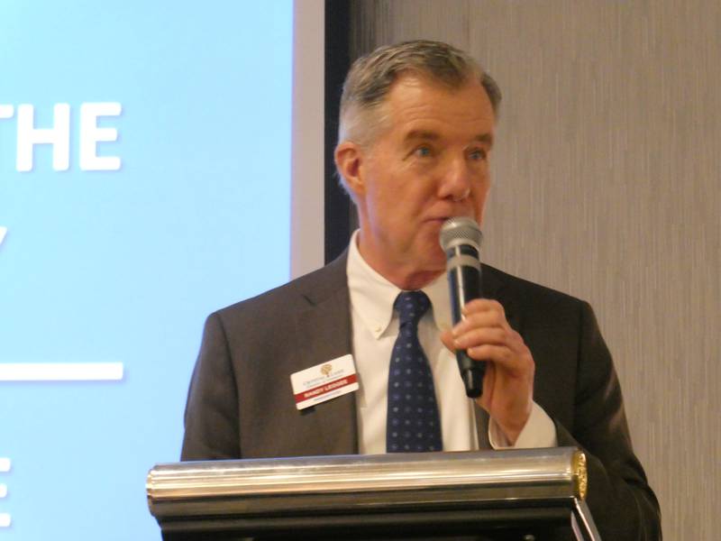 Crystal Lake Chamber of Commerce President Randy Leggee speaks at the joint Crystal Lake-Lakewood State of the Community luncheon on Friday, Feb. 3, 2023.