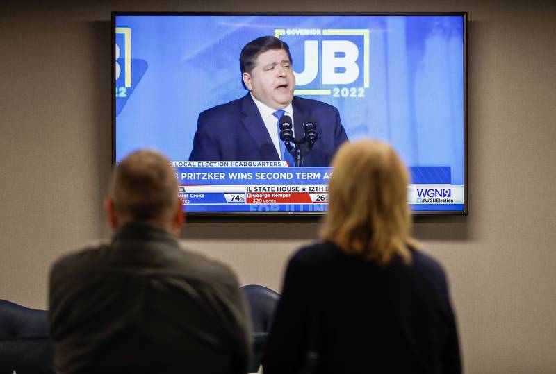 Supporters watch as election results come in during U.S. Rep. Sean Casten’s watch party at Chicagoland Laborers' District Council in Burr Ridge, Ill. on Tuesday, Nov. 8, 2022.