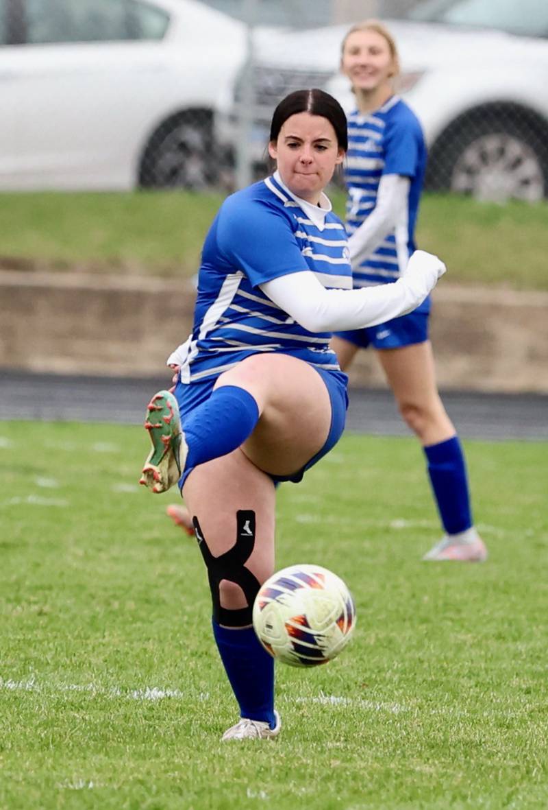 Princeton's Riley Rauh gives the ball a kick during Tuesday's soccer match at Bryant Field against IVC. The Tigresses won 9-0.