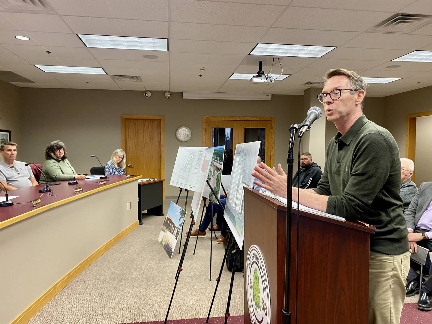 Andrew Pape of Epstein Global architecture firm speaks during the Sycamore Planning and Zoning Commission meeting Monday, Oct. 9, 2023 at the Sycamore City Center, 308 W. State St. The firm presented plans by Sycamore businessman Chris Mayer for a distillery, restaurant and event space on North California Street.