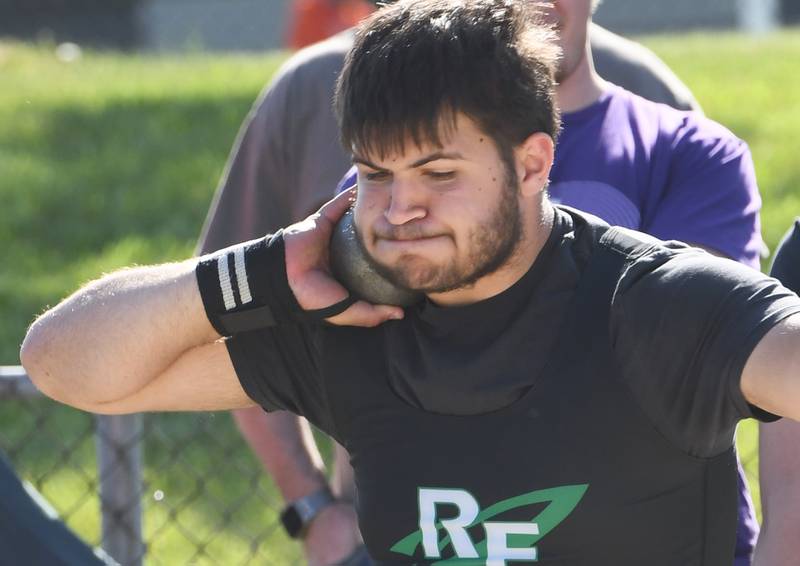 Rock Falls Zach Walker throws the shot at the Big Northern Conference Meet at Stillman Valley on Thursday, May 14, 2026.