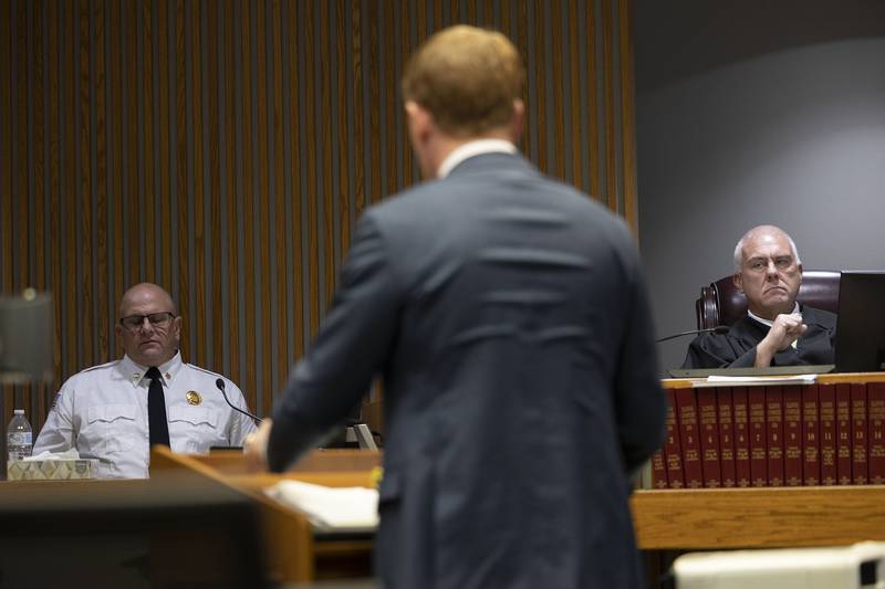 Rock Falls Fire Chief Ken Wolf appears in court Monday, Nov. 10, 2025, on day 6 of the Ramos wrongful death trial.