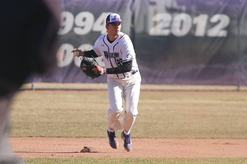 Joliet Junior College’s Hobbs Dunne throws to first base for the out against Moraine Valley on Tuesday, March 7th, 2023.