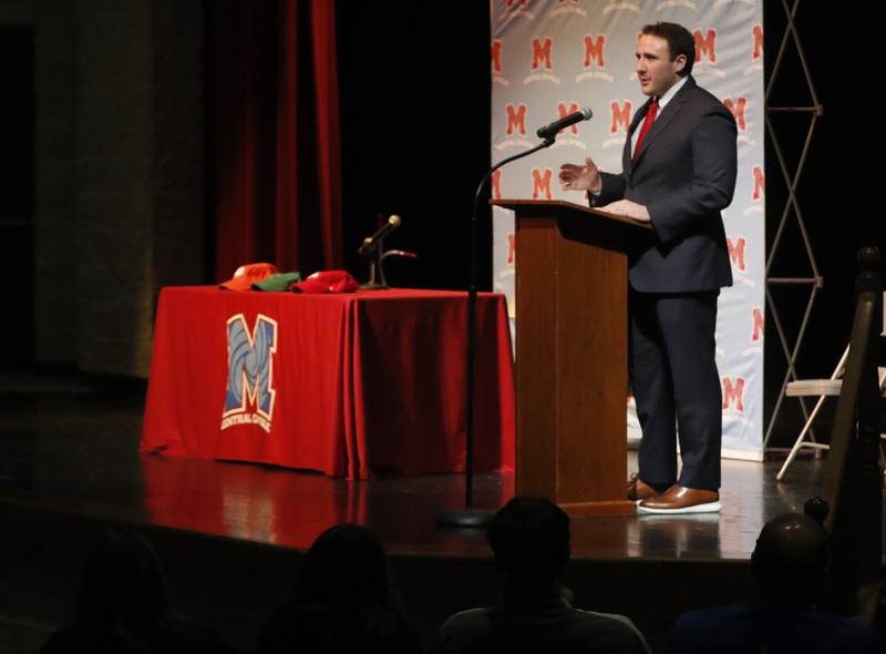 Marien Central football Coach Liam Kirwan talks about Christian Bentancur before Bentancur announced Friday, Jan. 13, 2023, that he will attend Clemson University to play Division I football, at Marian Central High School. Bentancur, a highly recruited tight-end, narrowed his section down to Clemson from his final three colleges. The other two colleges were Ohio State and Oregon universities.
