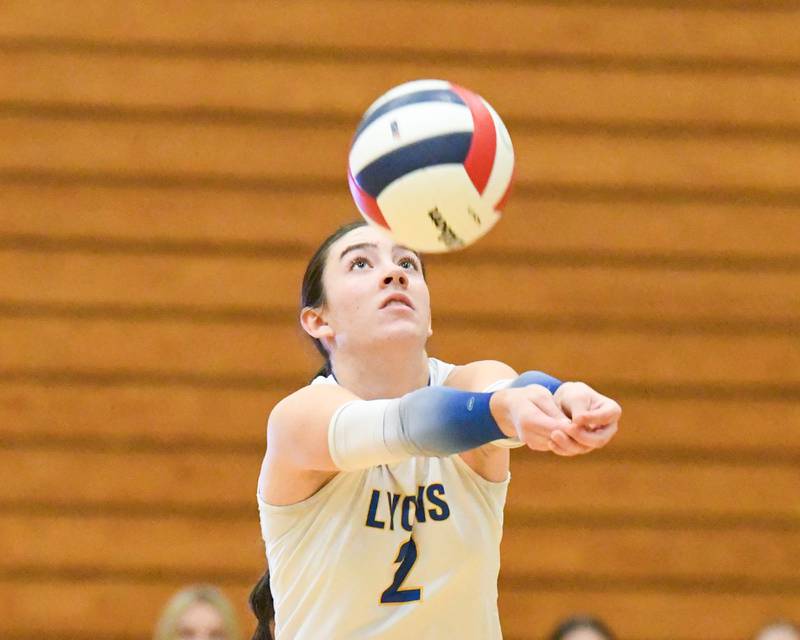 Lyons Township's Julia Ahrens (2) bumps the ball during the regional title game while taking on York on Thursday Oct. 30, 2025, held at York High School.