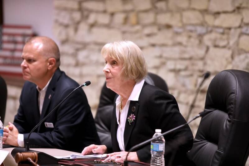 Corinne Pierog, incumbent candidate for Kane County Board Chairman, answers a question during a candidate forum for the 2024 General Election hosted by the League of Women Voters of Central Kane County on Monday, Sept. 30, 2024 at Batavia City Hall.