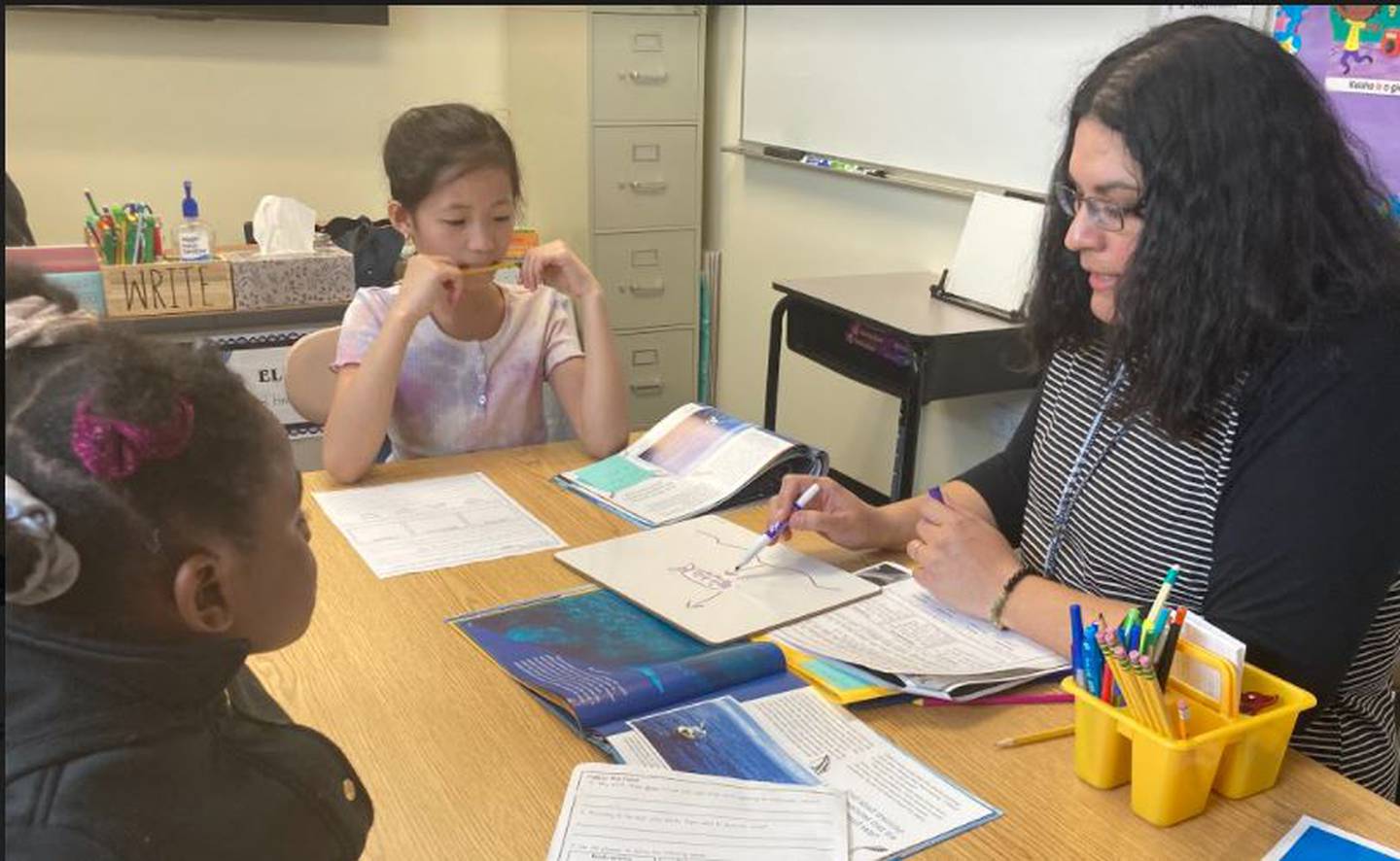 Brenda Hristov, a teacher at Minooka School District 201's multilingual program, uses pictures to frontload background knowledge about giant squids and submarines to help the students understand their upcoming literature lesson.