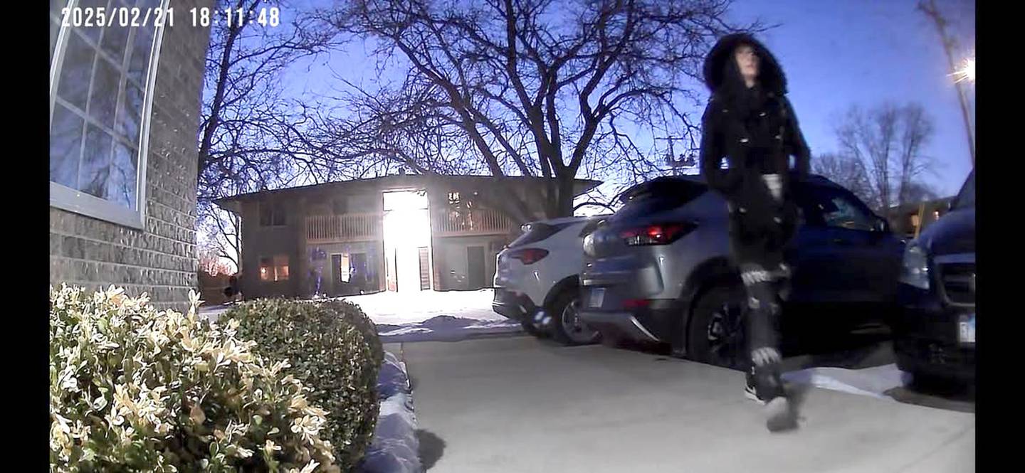 This screenshot was taken from a home security video that was shared by Rochelle police who were seeking information about a February home invasion and armed robbery in the 100 block of 7th Ave. Mark Cooper, 48, was found guilty of the felony charges following a 2-day jury trial at the Ogle County Judicial Center in Oregon on Wednesday, Oct. 22, 2025. Police say this is the woman who accompanied him.
