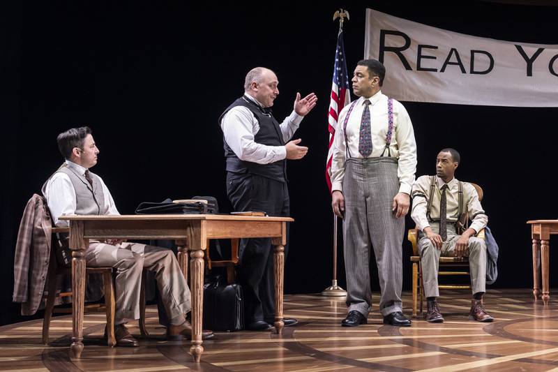 Christopher Kale Jones (from left), Alexander Gemignani, Harry Lennix and Terry Bell in "Inherit the Wind," playing through Oct. 20, 2024, at Goodman Theatre in Chicago.