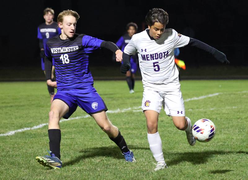 Mendota's Maurcio Salinas tries to hold off Harvest-Westminster's Drew Henrickson Friday, Oct. 31, 2025, during the Class 1A Indian Creek Sectional championship game Friday in Waterman.