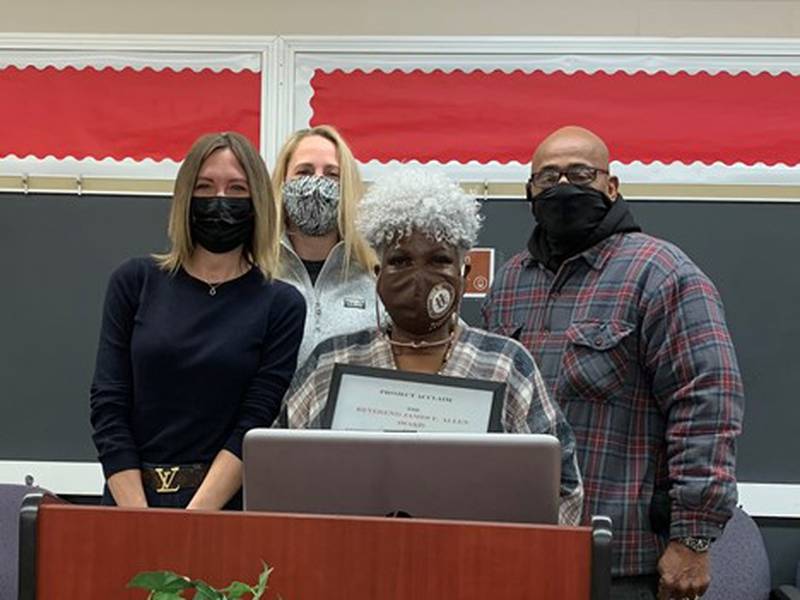 Project Acclaim has selected the National Hook Up of Black Women, Inc. Joliet Chapter (NHBW) to receive the 4th Quarter of 2021 Reverend James E. Allen Award for Service to the Community.  Pictured are  President Debra Upshaw (middle) and (from left): Kristine Schlismann, Jayne Bernhard and Larry Crawford.