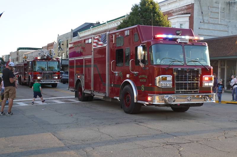The Rochelle Fire Department participates in the Rochelle Township High School Homecoming parade on Thursday, Sept. 25, 2025 in downtown Rochelle.