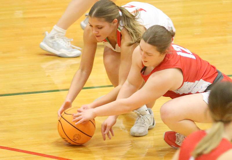 L-P's Phoebe Shetterly beats out Streator's Leah Krohe to the loose ball on Tuesday, Jan. 28, 2025 in Sellett Gymnasium at L-P High School.