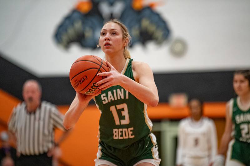 St. Bede's Ashlyn Ehm lines up a free throw during the 1A Sectional game on Tuesday Feb. 20, 2024 at Gardner-South Wilmington High School in Gardner